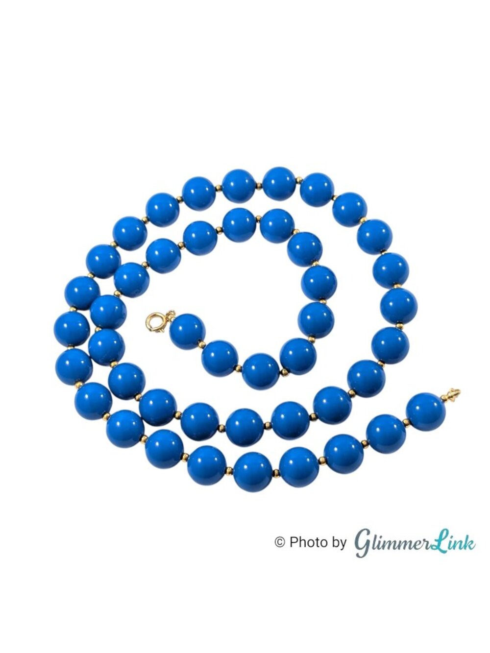 Vintage Cobalt Blue Lucite Bead Necklace Gold Tone Spacers 25 Inch